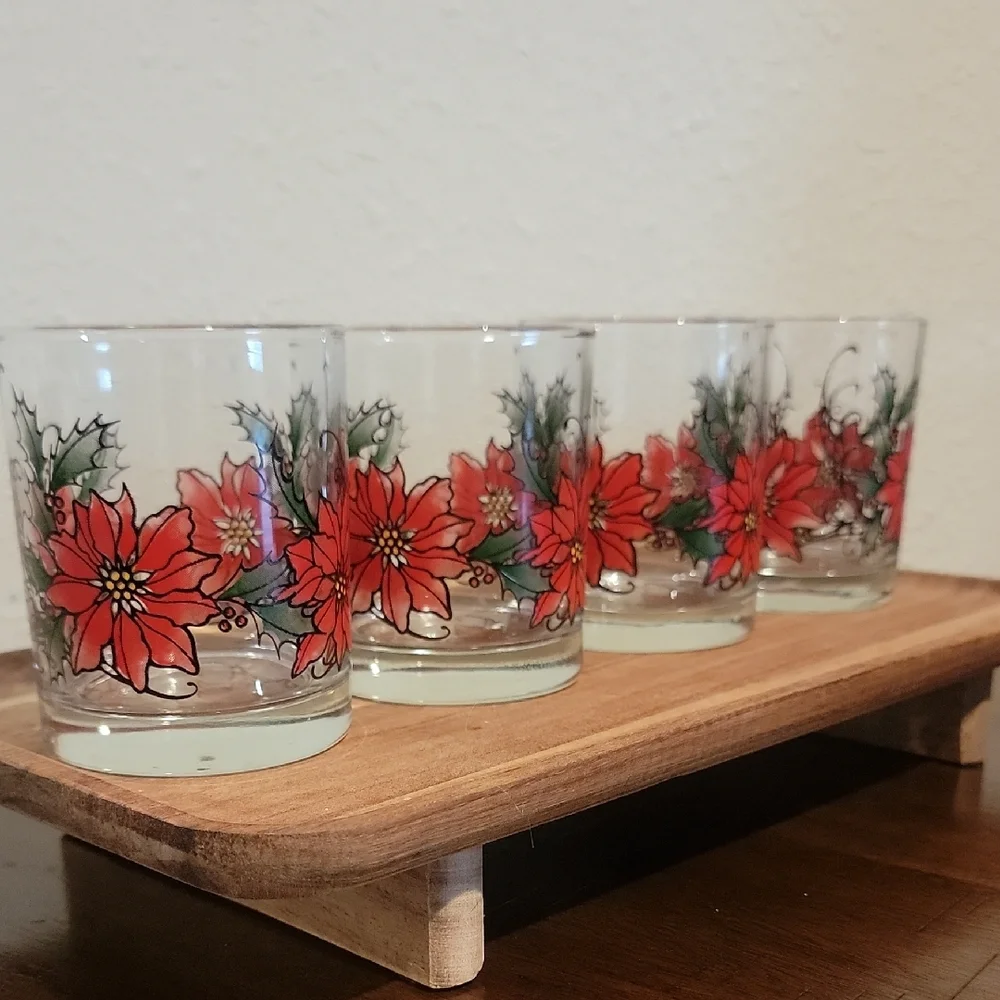 Vintage Libbey Poinsettia Red And Green Lowball Glasses Set Of 4